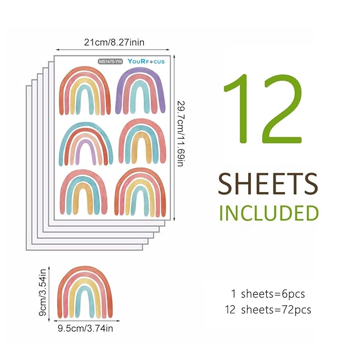 Watercolor Rainbow Wall Decals for Girls Bedroom 72 Pcs, Rainbow Stickers Bigger Size for Wall Mural Vinyl Peel and Stick DIY Decorations (12 Sheets)