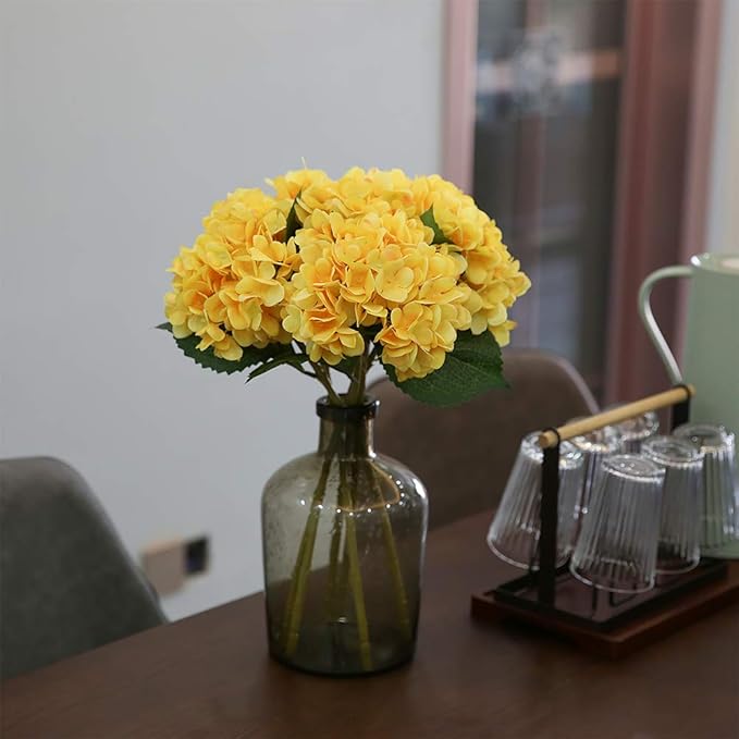 Kimura's Cabin 6pcs Yellow Fake Hydrangea Flower Artificial Silk Hydrangeas Bouquets with Stems Faux Hydrangea for Home Wedding Baby Shower Birthday Party Decoration (Yellow)
