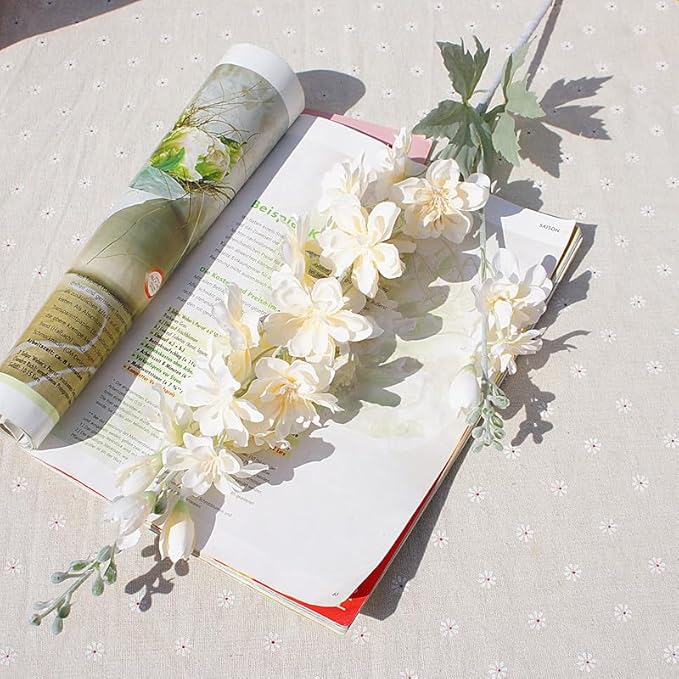 8pcs Delphinium Artificial Flowers 33.5in Long Stem Larkspur Fake Silk Flowers for Tall Vase Faux Flowers for Home Wedding Baby Shower Floral Arrangement Centerpiece Table Decoration (Champagne)