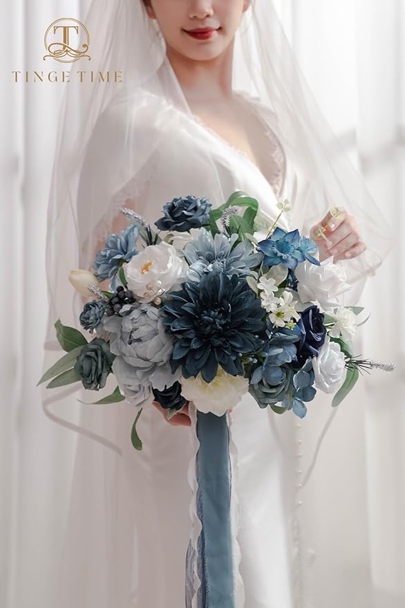 TINGE TIME 11 Inch Wedding Bouquets for Bride, Dustyblue Artificial Flowers Bouquet, Brides & Bridesmaids Bouquet for Wedding Anniversary Ceremony Bridal Shower Decorations