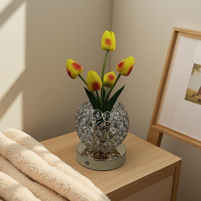 Cordless Tulip Flower Lamps, 3 Colors Touch Stepless Dimming Crystal Night Light, Rechargeable Artificial LED Flower with Vase Lamp Romantic Decor for Mothers Day,Xmas,Birthday (OG)