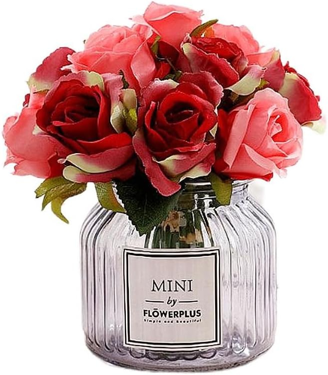 Jasion Artificial Roses Flowers 12 Heads Arrangement Silk Bouquet for Home Office Parties Bridal and Wedding Decoration (Red with Pink)