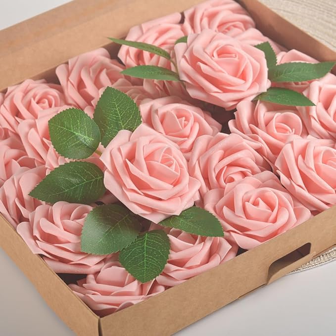 homEdge Artificial Rose, 25pcs Foam Artificial Flowers with Stem for Home Decorations, Wedding Bouquets, Party, Certerpieces, Anniversaries-Blush