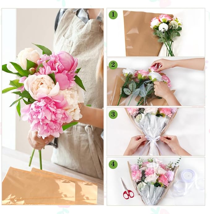 HSONAIGEE 50 Pieces Flower Bouquet Wrapping Paper, 22 x 14.2 Inch Extra Large Flower Bags for Bouquets Kraft Floral Wrap Sleeves with Ribbons for Home Mother’s Day Wedding Flower Bar Supplies