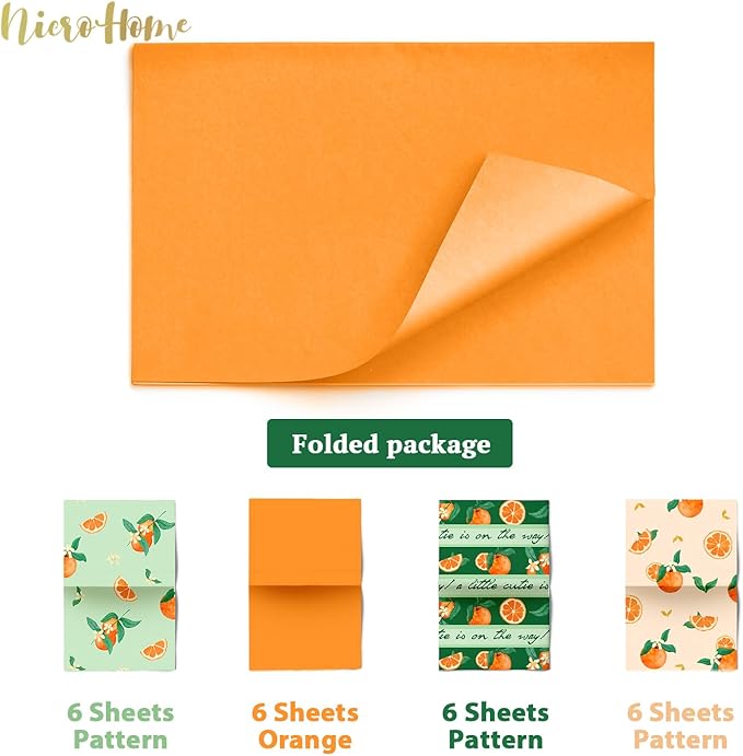 NICROHOME EUR Little Cutie Baby Shower Decorations Tissue Paper, 24 Sheets Orange Green Citrus Print Gift Tissue Wrapping Paper for Birthday, Summer Party, Fruit Party Craft Wrapping