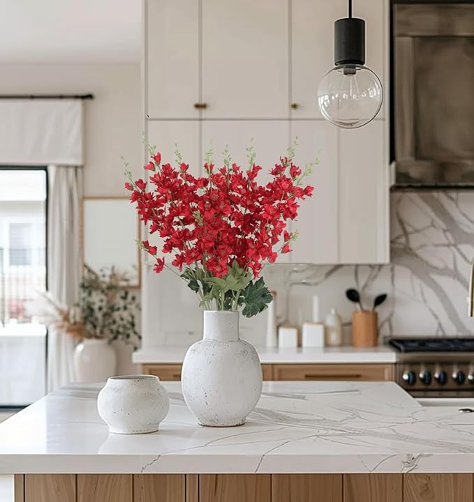 8PCS Long Stem Artificial Delphinium Flowers 33.5'' Larkspur Artificial Flower Red Silk Flowers for Tall Vase Home Wedding Table Centerpieces Decor(Red)