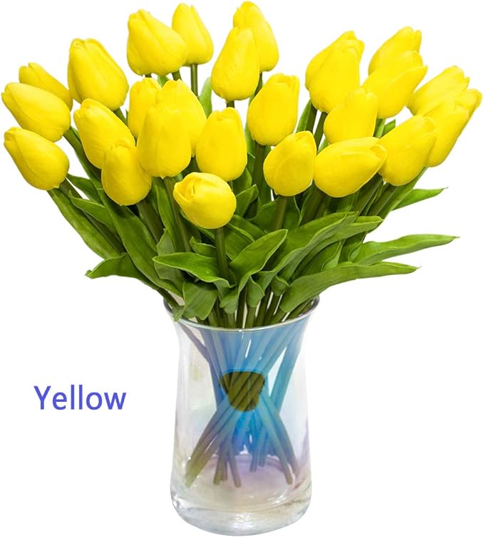 30pcs Artificial Tulips Flowers Real Touch Multicolored Tulips Fake Holland PU Tulip Bouquet Latex Flowers for Wedding Party Office Home Kitchen Decoration (White Red Yellow)