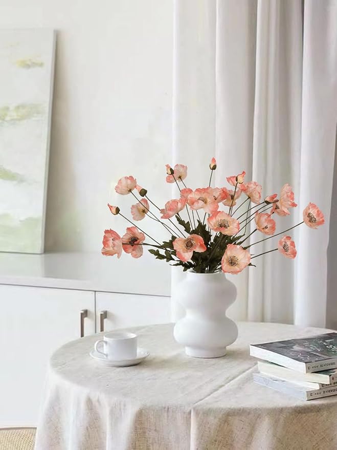IPOPU Fake Poppies Coral Pink Silk Flowers 6pcs Artificial Poppies Realistic Faux Flowers for Wedding Centerpieces for Tables Bridal Shower Party Decorations (Coral Pink)