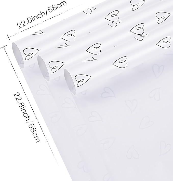 LeZakaa 20 Sheets Valentine Flower Wrapping Paper, White with Black Heart Pattern Waterproof Floral Bouquet Paper, for Valentines, Mothers Day, Party, Romantic Birthday, Wedding, Anniversary