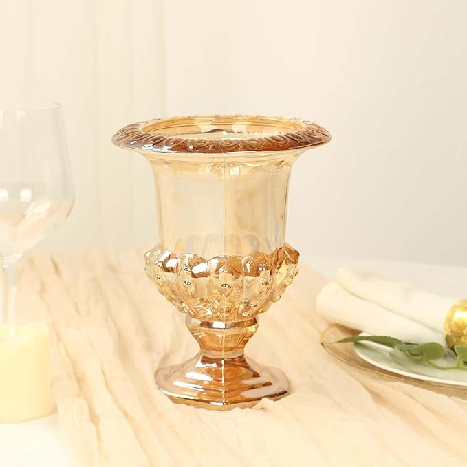 Efavormart 2 Pack Amber Gold Glass Flower Vases in Classic Roman Urn Style, Mini Pedestal Vase Table Centerpieces - 8"