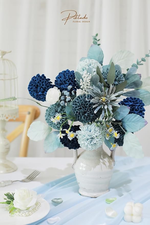 Artificial Wedding Dahlia Flowers 25 pcs Fake Roses with Stem for DIY Wedding Decor Centerpieces Arrangements Bouquets (Shades of Navy Blue)