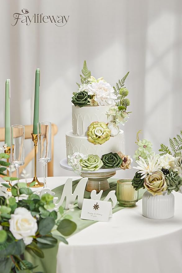 Artificial Flowers, 2PCS Silk Green Flowers for Centerpieces Decoration, Fake Cake Flowers for DIY Wedding Bridal Bouquets Home Party Floral Arrangement Decor