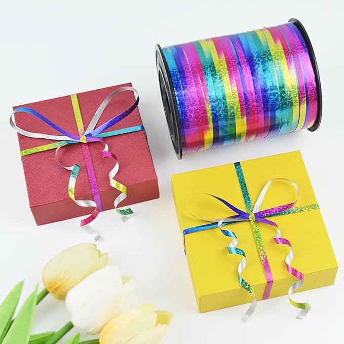 500 Yards Shiny Metallic Curling Ribbon with Spool, 1/5" Holographic Curly Ribbons - Perfect for Gift Wrapping, Florist Flowers, Birthday Party Decorations, Balloon String Ribbon in Rainbow