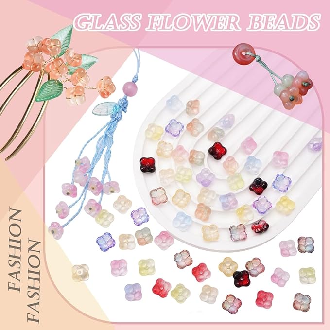 100PCS Glass Flower Beads for Jewelry Making 4 Petal Flower Bead Caps Gradient Cute Floral Beads Aesthetic Charms for Necklace Bracelets Earrings DIY Craft Home Decoration-Pink Blue