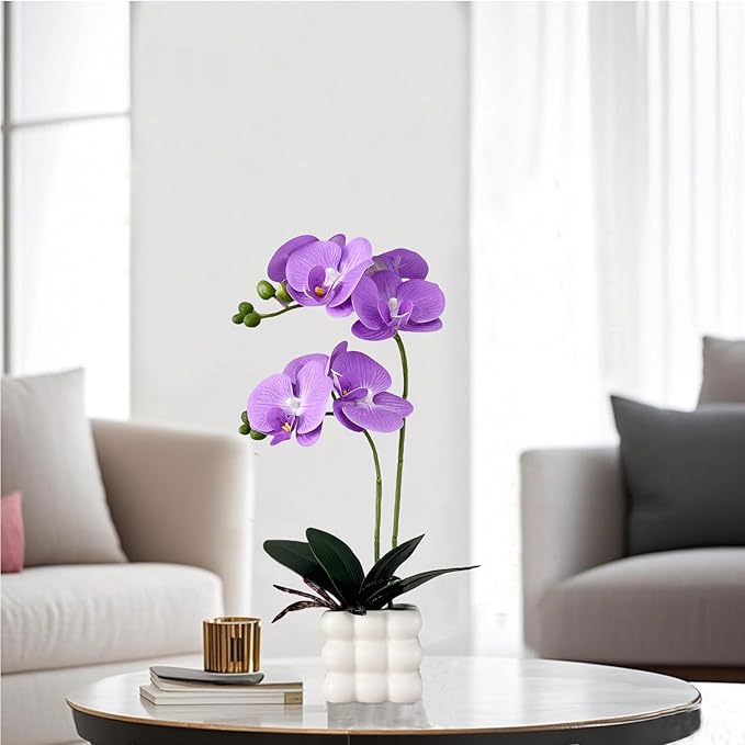 Artificial Orchid Flowers, 14 Inches Tall, Purple, Set in White Vases for Home Decor Orchid Artificial Flowers