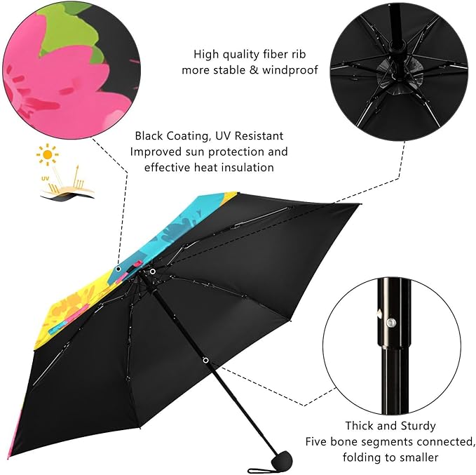 JIPONI Mini Travel Umbrellas for Rain Cute Cat Floral, Small Umbrella Compact Waterproof Anti-UV Protection Lightweight Portable