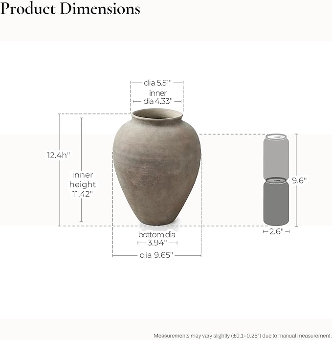 LuxenHome Rustic Ceramic Vase, 12.4" Tall Terracotta Pot with Earthy Gray-Brown Finish, Vintage Pottery for Dining Table Living Room Decor, Farmhouse Flower Vase for Entry Way Table Home Decor