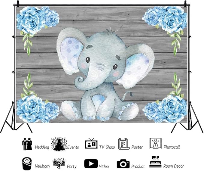 AOFOTO 12x10ft Elephant Rustic Grey Wooden Backdrop for Boy Baby Shower Watercolor Blue Floral Cartoon Animal Gender Reveal Photography Background It's a Boy Newborn Kids Birthday Party Decoration