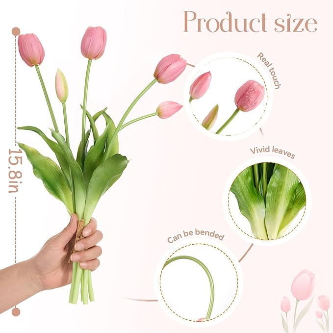 15Pcs Fake Tulips Artificial Flowers Real Touch Latex Bouquet Faux Tulips for Centerpiece Arrangements Wedding Party Home Décor (Deep Pink)
