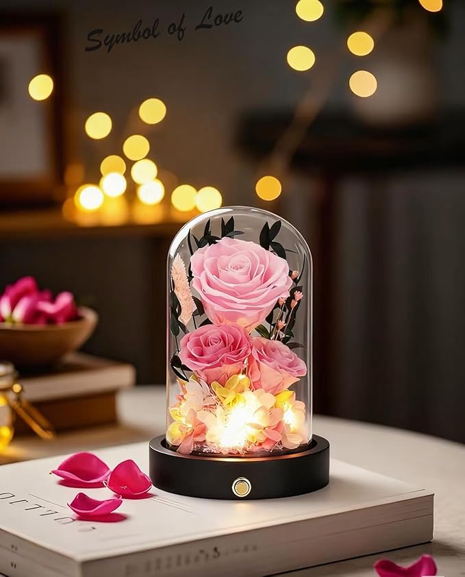 Preserved Flowers in Glass Dome, Christmas Pink Flowers for Delivery Prime, Forever Roses Valentines Day Anniversary Mothers Day Birthday Gifts for Mom Women Wife Girlfriend