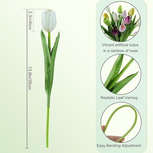 12pcs Tulips Artificial Flowers Real Touch Silk Faux Flowers Tulip Stems for Wedding Spring Bouquet Floral Arrangement Home Party Office Decorations (White Pink Yellow Green)