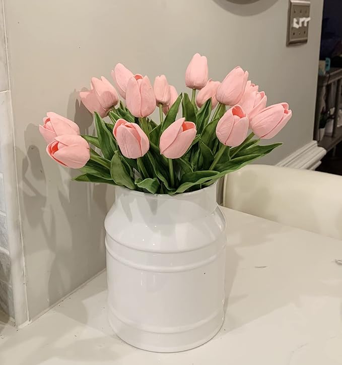 Beferr Pink Tulips Artificial Flowers 18Pcs Faux Tulip Real Touch Tulip Fake Flowers Bouquets Arrangements for Mothers Day Spring Easter Wedding Home Table Decor Pink