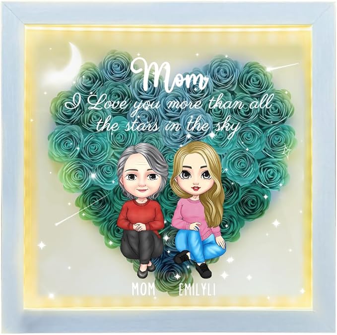 Personalized Mom Flower Shadow Box with LED Light Custom Heart Shaped Rose Flower Shadow Box Frame I Love You More Than All The Stars in The Sky Mother's Day Portrait Shadowbox Memory Gifts for Mom