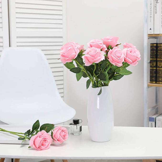 Nubry Artificial Silk Rose Flower Bouquet Lifelike Fake Rose for Wedding Home Party Decoration Event Gift 10pcs (Pink)