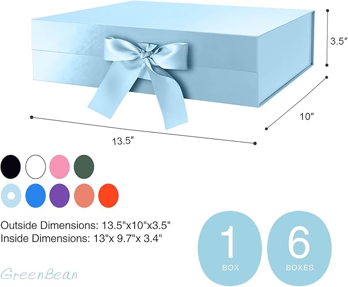 GREEN BEAN 6 Large Gift Boxes with Lids for Presents 13x9.7x3.4 Inches, Baby Blue Magnetic Luxury Gift Box with Ribbon, Bridesmaid Proposal Gift Boxes (Baby Blue)
