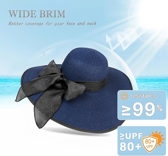YQHMT Women Beach Sun Hats, Big Wide Brim Straw Hat for Women UPF 80+ UV Protection, Summer Hats Packable Foldable