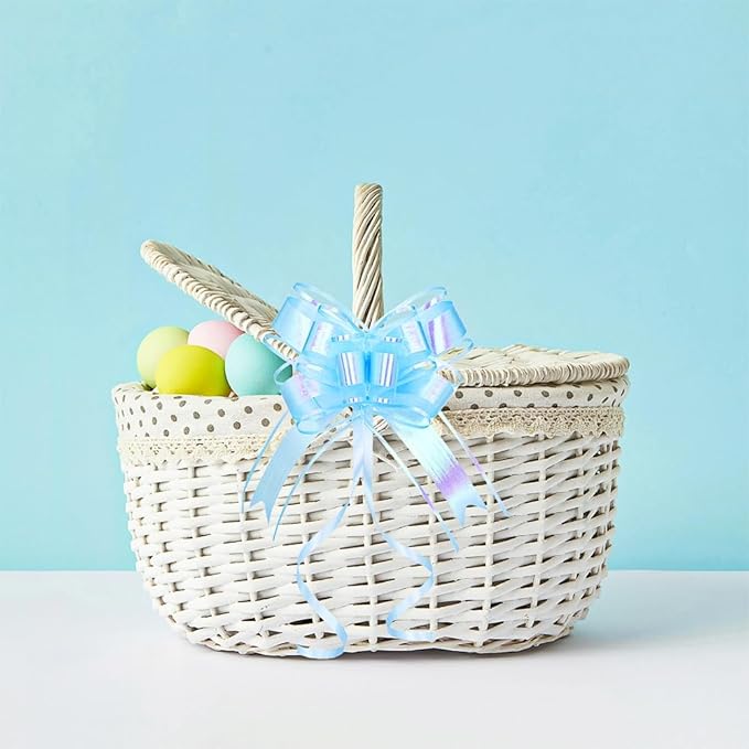 Present Bows for Gifts, Iridescent Blue Pull Bow for Baskets, Flower Bouquet, Paper, Gift Bag, Box, Baby Showers, Hanukkah(6 inches, 10PCS)