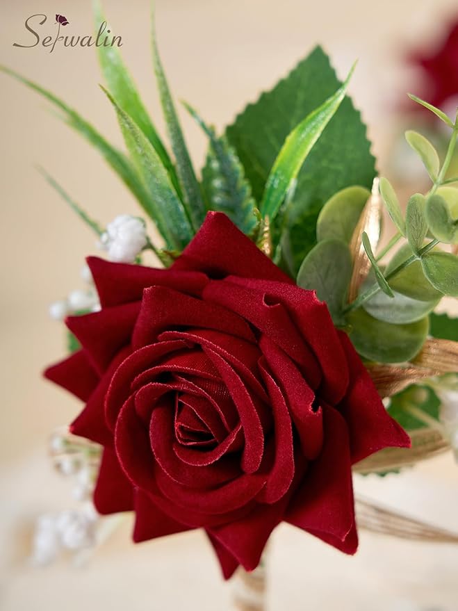 Serwalin Red Rose Corsage and Boutonniere Set, Boutonniere for Men and Wrist Corsage Wristlet Prom Homecoming Wedding Flowers Accessories Party Suit Decorations (red)