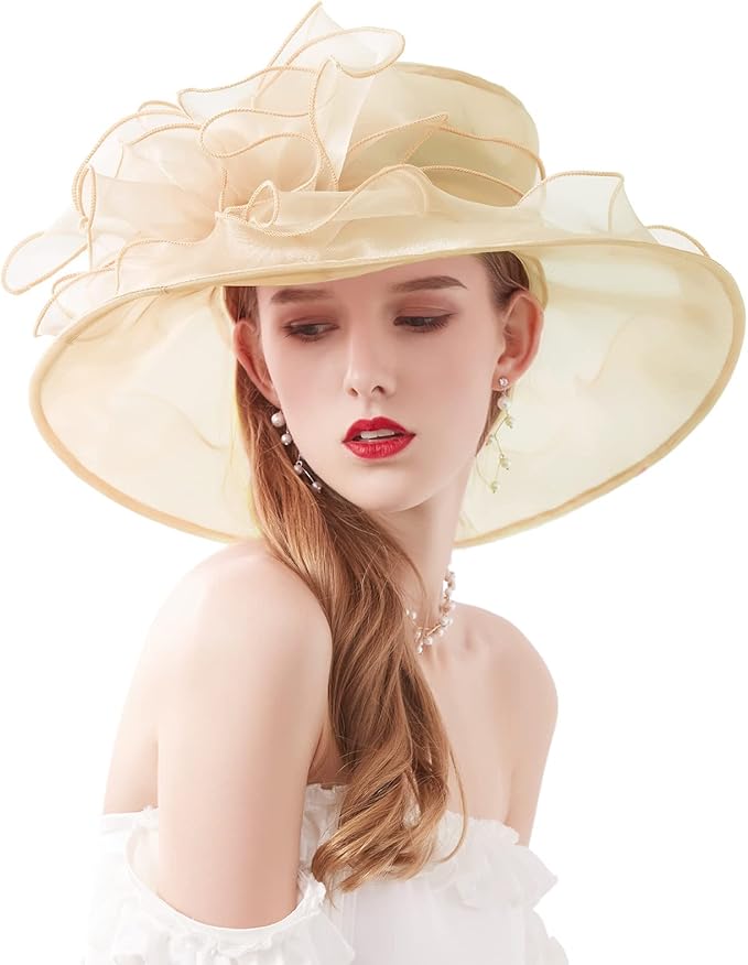 Organza Derby Hats for Women Wide Brim Fascinator Hat Rose Flower Wedding Tea Party Hat