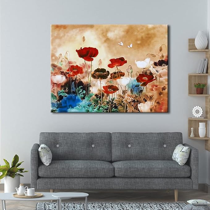 Wieco Art Blooming Poppies Extra Large Modern Gallery Wrapped Contemporary Flowers Giclee Canvas Print Floral Paintings Reproduction Pictures on Canvas Wall Art Work for Home Office Decorations