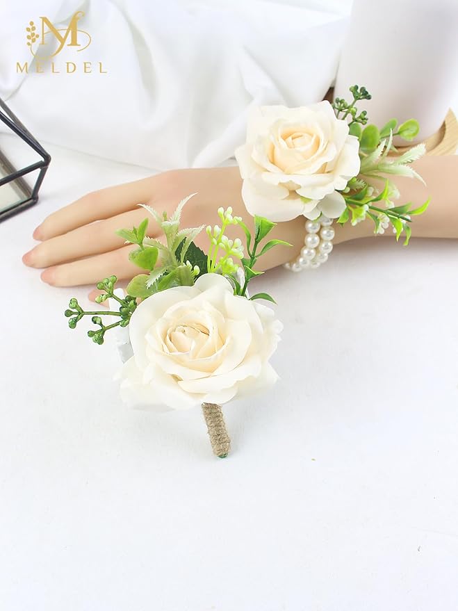 Meldel Wrist Corsage and Boutonniere Set for Wedding, Set of 2, Rose Wrist Flower Wristlet Bracelet for Bride Bridesmaid, Groom Best Man Boutonniere Wedding Flowers Accessories Prom Ceremony Party