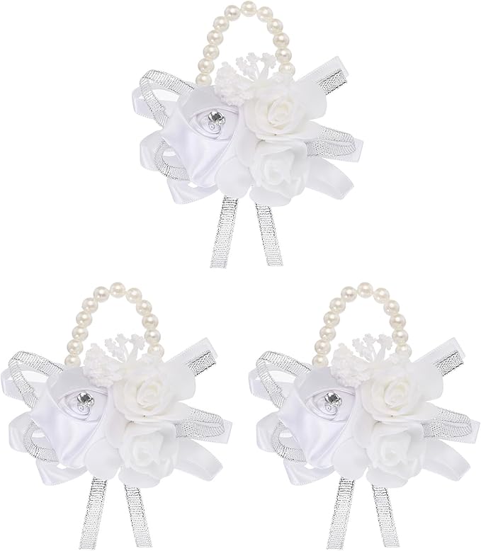 MECCANIXITY 3Pcs Wrist Corsage Artificial Flower Bracelets Rose Wrist Bride Groom Decorative for Wedding Ceremony Prom Party Anniversary White