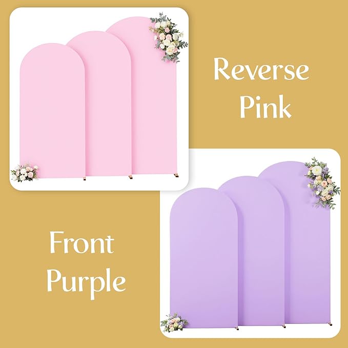 Pink and Lavender Arch Backdrop Cover 8FT 7.2FT 6.6FT Arch Covers Stretchy Backdrop Set of 3 Wedding Arch Cover Spandex Fitted Double-Color Fabric Arch Covers for Party Baby Shower Birthday Decoration