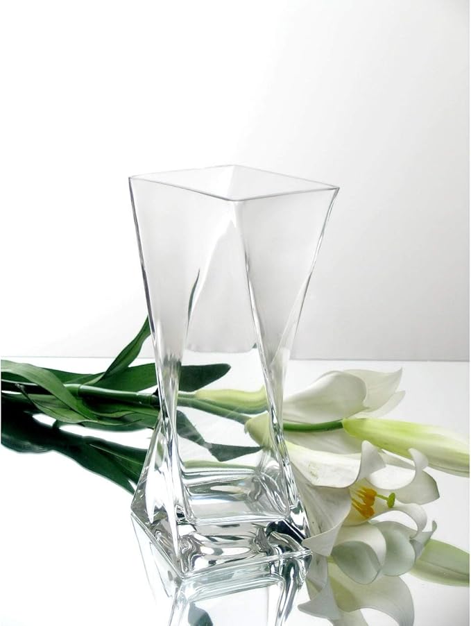 WGV Twist Bouquet Vase, 4" W, 10" H, Clear Square Block Gathering Hurricane Glass Floral Container, Centerpiece, Home Wedding Event Decor, 1 Piece (VUT0410)