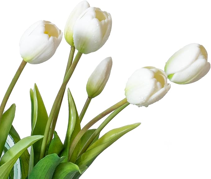 15pcs Artificial Tulips Flowers, Real Touch Latex Bouquet, Fake Tulips for Office Wedding Party Home Kitchen Garden Decoration-B White