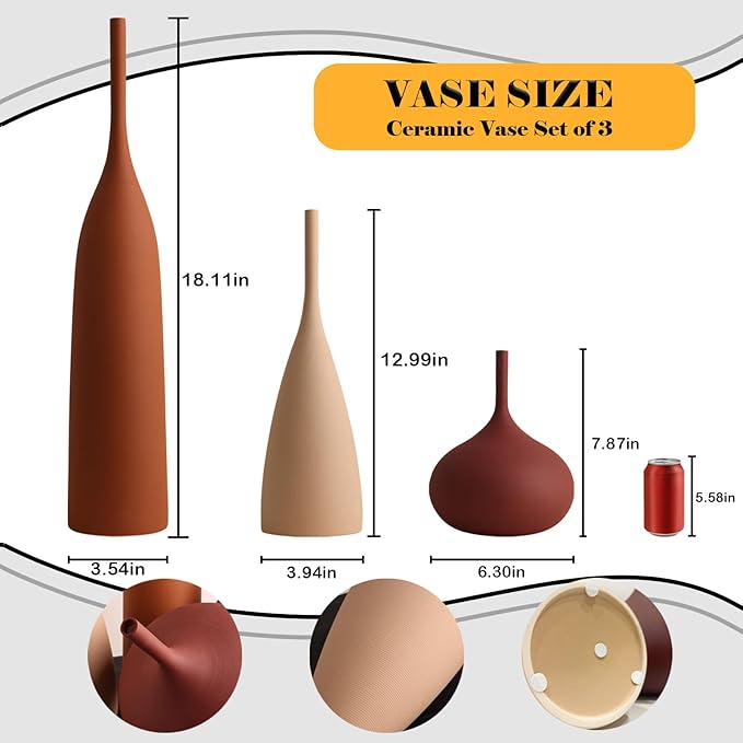 Ceramic Vases Set of 3, Modern Boho Vases for Centerpiece Decor, Matte Minimalist Decorative Vases for Home Decor, Living Room, Bookshelf, and Entryway Table Decor (Multicolor-1)