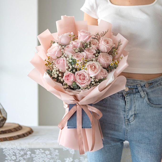 WRAPAHOLIC 20 Sheets Flower Wrapping Paper - 22.4 x 22.4 inch Pure Pastel Pink Water-Resistant Floral Bouquet Wrapping Paper, Florist Supplies Packaging for Wedding Birthday Gift DIY
