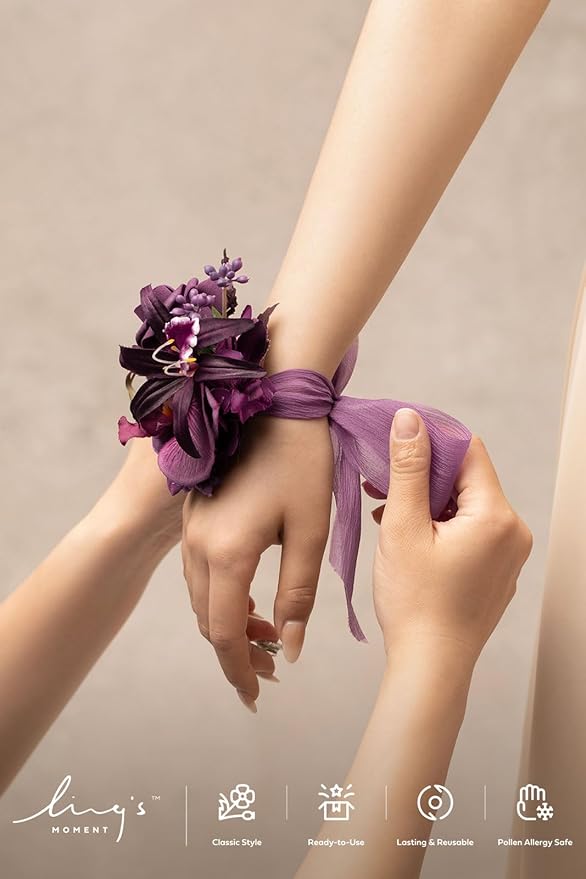 Ling's moment 6pcs Wedding Wrist Corsage Artificial Flowers, Girl/Mother Homecoming Prom Corsages Wristlet Décor, etc. Deep Purple
