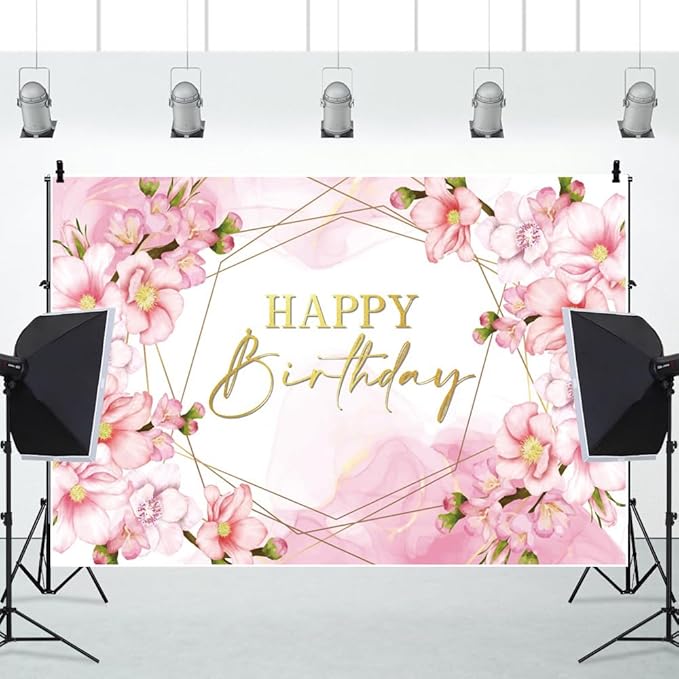 ChloropLastid 12x8ft Floral Happy Birthday Backdrop for Girls Pink Blooming Floral Birthday Party Decorations Photography Background Watercolor Flowers Women Birthday Party Decor Banner Photo Props