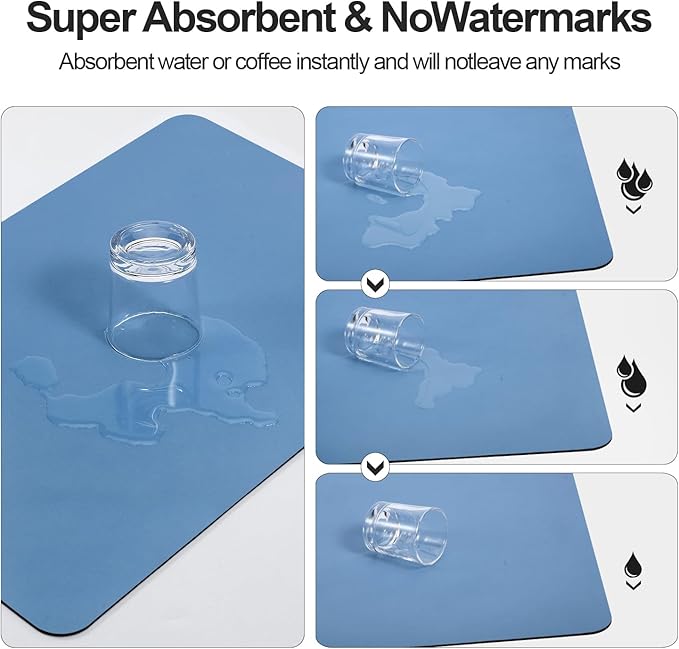 Dish Drying Mat for Kitchen Counter | Coffee Bar Mat for Countertops | Heat Resistant Drainer Mat with Non-slip Rubber Backed | Hide Stain Kitchen Absorbent Draining Mat | Blue 16"x20"