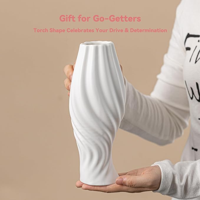 White Ceramic Torch Vase with Spiral Design - 8.8" Unique Flower Vase for Pampas Grass & Centerpieces, Decorative Boho/Farmhouse Vase for Living Room, Office Desk & Gift for Her/Yourself