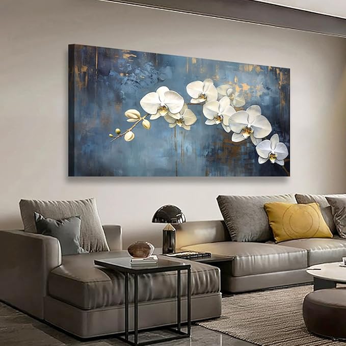 Abstract White Butterfly Orchid Canvas Wall Art for Living room Office Bedroom Flowers Wall Art Print Oil Paintings Modern Blue Gold Rain Mist Pictures Wall Decor Artwork Ready to Hang - 70in * 35inch