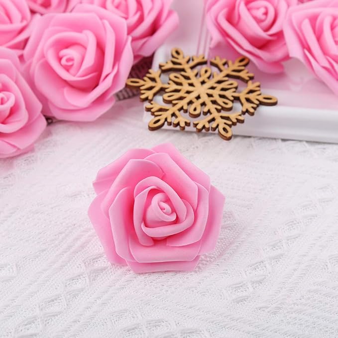 IPOPU 100 Pcs Artificial Rose Flower Heads Real Looking Baby Pink Fake Roses Flowers Foam Blush Roses for DIY Wedding Centerpieces Party Baby Shower Banquet Home Decorations (Pink, Stemless)