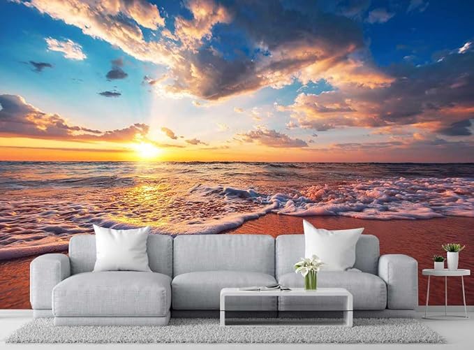 Sunset Over The sea, Blue Sky, White Clouds and sea Water Form a Beautiful Natural Landscape Wallpaper, Large Background Wall murals(Non-self-Adhesive)