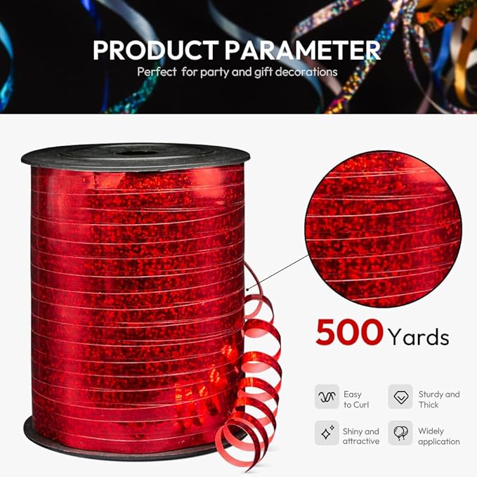 500 Yards Shiny Metallic Red Curling Ribbon with Spool, 1/5" Holographic Curly Ribbons - Perfect for Gift Wrapping, Florist Flowers, Birthday Party Decorations, and Balloon String