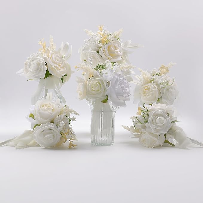 Meldel Set of 6 Wedding Flowers Fake Rose Mini Bridesmaid Bride Bouquets Ivory White Small Floral Wedding Centerpieces Decor Artificial Flower Arrangements for Tables Home Party Decorations